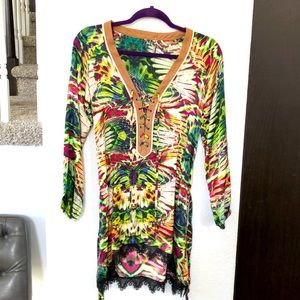 Custo Barcelona butterfly print dress with waist tie & suede around neckline.